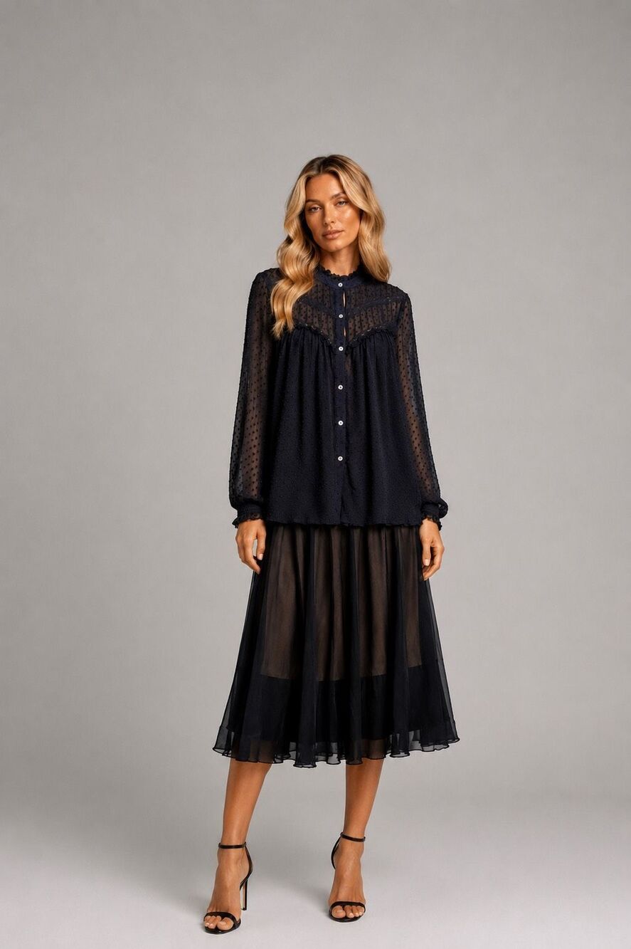 Zara Trafaluc Black Swiss Dot Sheer Ruffle Blouse Boho Romantic Size M (114)